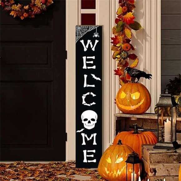 Halloween Welcome Sign Skull Front Door Hanging Decor Wooden Vertical Indoor - Picture 8 of 8